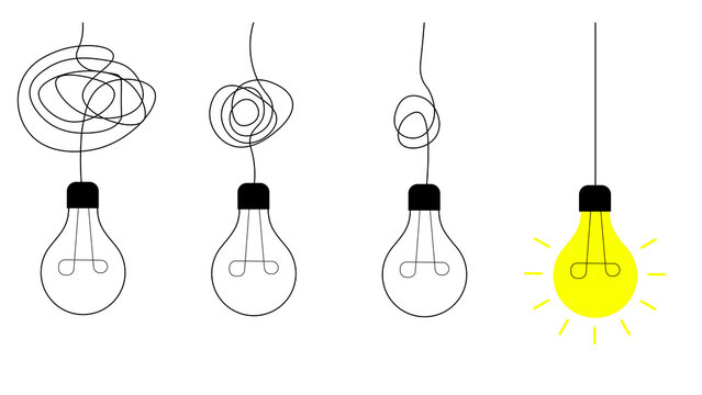 From complex to simple. Simplification streamlining process, complex confusion, clarity idea solution with light bulbs