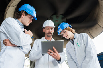 engineers looking at at tablet in factory
