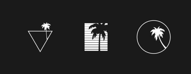 Set of retrowave design elements, palm tree. Compositions with triangle, circle and striped square with silhouette of palm tree. Pack of retrowave 1980s style design elements. Vector