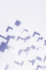 Future colors - very peri or blue and white geometric pattern with flying rhombuses in bright light beam with soft shadows, top view, border, copy space, vertical. Simple mosaic abstract background.