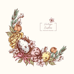 Easter vector graphic illustration isolated on white background. Easter eggs, nest, peony, apple flowers, willow and leaves in engraving style. Vintage vector hand drawn for design, packaging, card