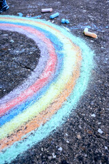 Fototapeta na wymiar Rainbow painted with colored chalks on the playground