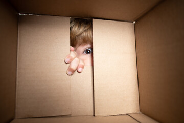 Excited child boy looking into the box, shipping cardboard box. Close up eyes looking.