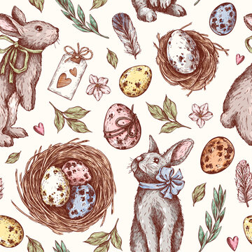 Easter seamless pattern in engraving style. Rabbits, Easter eggs spotted, nest with eggs, tag, leaves, feathers. Vintage vector hand drawn. Texture for fabric, wrapping paper, textile, background