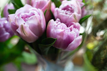 Obraz premium bouquet of beautiful fresh lilac tulips, top view