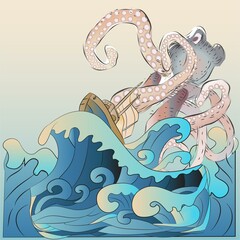 Boat in Ocean Waves and Sea Monster Vector Illustration