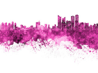 Busan skyline in pink watercolor on white background