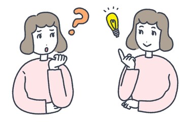 若い女性のイラスト（疑問・ひらめき）