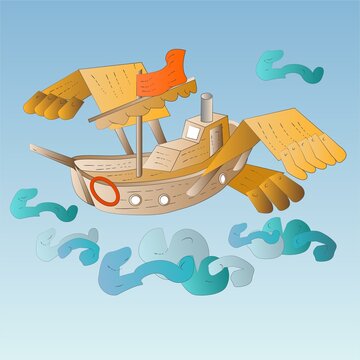 Fantasy Sky Boat Flying Over The Clouds Vector Illustration