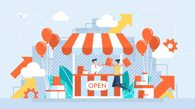 Grand opening concept. A businessman holding scissors in his hand cuts a red ribbon. Advertising new business. The ceremony, celebration, presentation and event. Illustration flat design.
