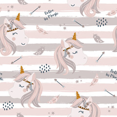 Cute unicorn, feathers and arrow in boho style seamless pattern. design for scrapbooking, decoration, cards, paper goods, background, wallpaper, wrapping, fabric and all your creative projects