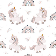 Cute unicorn, rainbow and moon in boho style. Vector illustration, design for scrapbooking, decoration, cards, paper goods, background, wallpaper, wrapping, fabric and all your creative projects