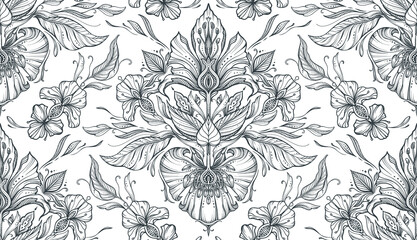 Beautiful vector seamless pattern with hand drawn floral elements, flowers and leaves.