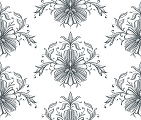Fototapeta premium Beautiful vector seamless pattern with hand drawn floral elements, flowers and leaves.