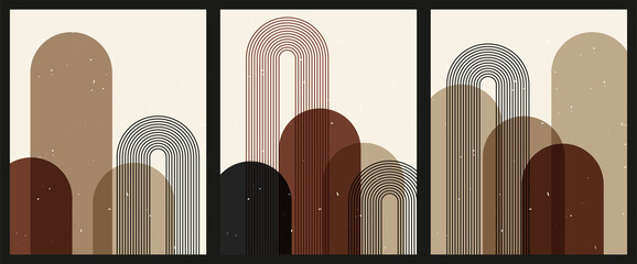A set of three colorful aesthetic geometric backgrounds. Minimalist social media posters, cover designs, web, home decor. Vintage illustrations with arches, shapes, curves, lines, rectangles.