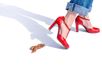 Rote Lack High Heels treten bei Sonnenschein in einen Hundehaufen.
