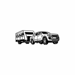 silhouette of truck with caravan trailer illustration vector - obrazy, fototapety, plakaty