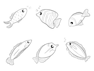 Collection of doodle silhouette underwater fish icon cartoon abstract background graphic vector illustration