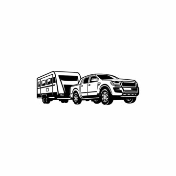silhouette of truck with caravan trailer illustration vector