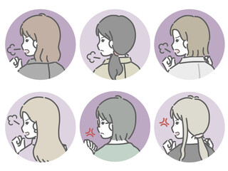 若い女性の怒る斜め後ろ姿　丸アイコンセット（仕事向きの服装）