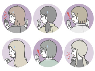 若い女性の驚く斜め後ろ姿　丸アイコンセット（仕事向きの服装）