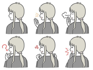 私服の若い女性の色々な表情　斜め後ろ姿