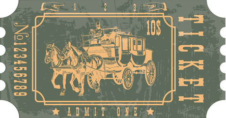 vector image of a stagecoach ticket in vintage style with the image of an old horse drawn omnibus	 - obrazy, fototapety, plakaty