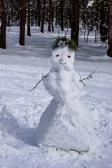 A good-natured and charming snowman after a heavy snowfall in April.