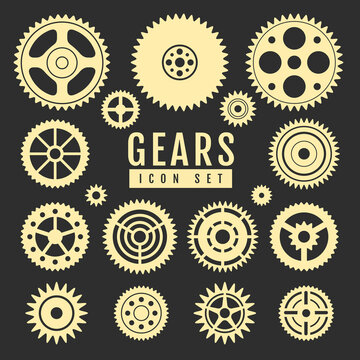 Group of gears isolated on black background.  Cog icon design. Vector illustration