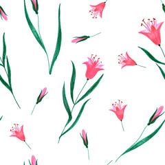 Pencil drawing of pink lilies on a white background. Seamless pattern.