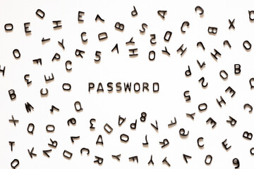 the word password on a white background from black english letters, the concept of think up or forget a password