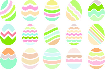 Easter eggs, pastel colors, decorative patterns, chevron, stripes, polka dots, wavy lines, geometric designs, spring theme, cute illustration, flat design