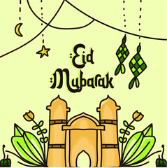 Eid Al Fitr mubarak, hand painted in pastel colors. doodle style. Horizontal poster, greeting card