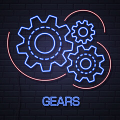 Group of neon gears on dark brick background.  Neon Cog icon design. Vector illustration
