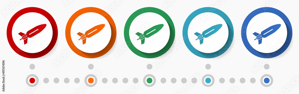 Poster missle, war concept vector icon set, infographic template, flat design colorful web buttons in 5 col