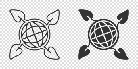 Planet and leaf icon in flat style. World and eco vector illustration on white isolated background. Globe and organic business concept.