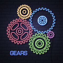 Group of neon colorful gears on dark brick background.  Neon Cog icon design. Vector illustration