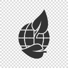 Planet and leaf icon in flat style. World and eco vector illustration on white isolated background. Globe and organic business concept.