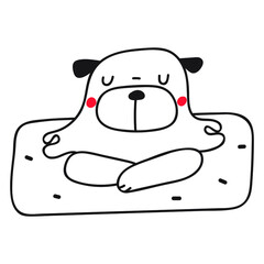 Pug meditating. Vector outline illustration on white background. 