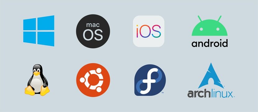 Lombok, Indonesia - April 8, 2022: OS or operating system top brand logo. Macos, windows, linux, ios, android, ubuntu, fedora, archlinux.