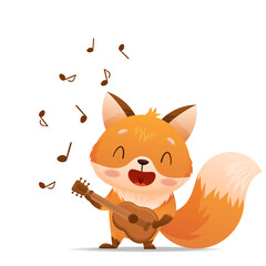 Baby fox plays the guitar and sings. Notes are flying around. Drawn in cartoon style. Vector illustration for designs, prints and patterns. Isolated on white background
