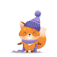 Baby fox standing in a hat and scarf. Drawn in cartoon style. Vector illustration for designs, prints and patterns. Isolated on white background