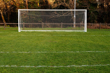 Football or soccer goal post on a green grass pitch in a park. Nobody. Calm mood. Sport theme...