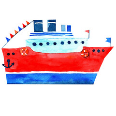 Watercolor hand drawn illustration of red steamer with pipe and red flags. Red life buoy. Ship in cartoon style. Design for covers, cards, backgrounds, decorations, labels, party decor.