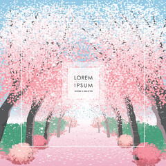 Vector editorial design frame of Korean spring scenery with cherry trees in full bloom. Design for social media, party invitation, Frame Clip Art and Business Advertisement  © Jung Suk hyun
