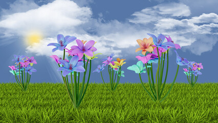 Illustrazione 3D. Primavera, estate. Fiori, fiore su prato verde con sfondo cielo, sole, nuvole..