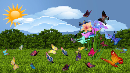 Illustrazione 3D. Primavera, estate. Fiori e farfalle su prato verde . Campo di erba con fiori colorati e farfalle, sullo sfondo cielo con nuvole e sole. - obrazy, fototapety, plakaty