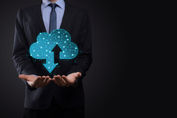 Man hold Cloud icon technology. Polygonal wireframe cloud storage sign with two arrows up and down....