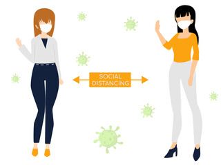 girls practicing social distancing. flat vector illustration