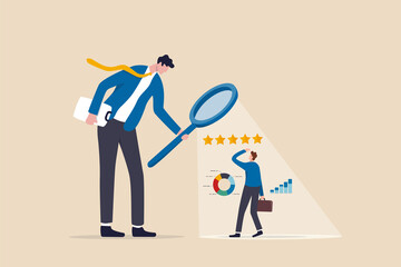 Employee performance evaluation, appraisal or annual review for goals achievement, assessment for rating or feedback concept, businessman manager use magnifier to analyze employee with 5 stars rating. - obrazy, fototapety, plakaty